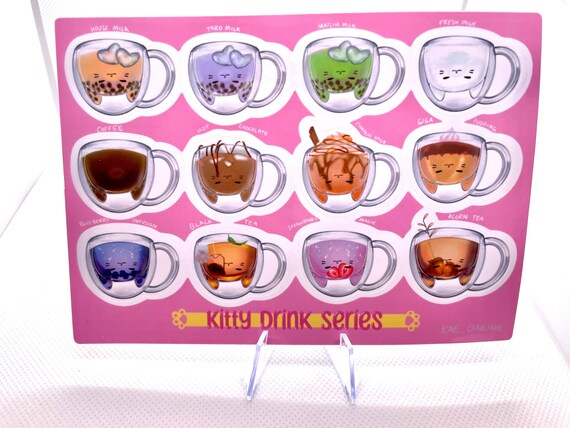 Kitty Drink Cups Sticker Sheet Boba, Coffee, Tea, Little