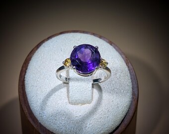 Enticing African Amethyst and double Yellow Sapphire Cocktail Ring in 925 Sterling Silver