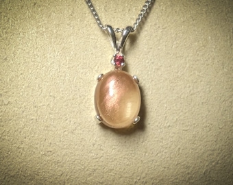 Oregon Sunstone Pendant, Ruby Accent, Sterling Silver Chain