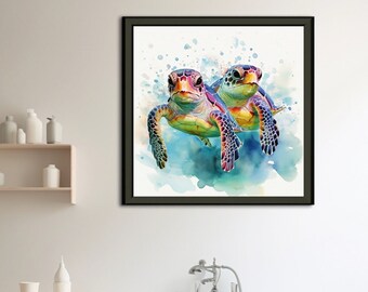 Sea Turtles | Framed Print on Museum-Quality Matte Paper Metal Framed Poster, bathroom wall decor, colorful print