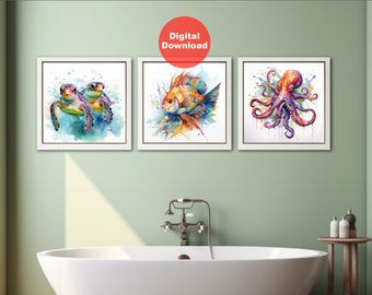 Sea life | Downloadable watercolor prints perfect for a bathroom or child&#39;s bedroom. Sea Turtles, Fish, Octopus. 3 whimsical, ocean prints.