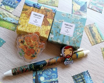 coffret cadeau unique van gogh, 6 articles inclus, stylos, ruban washi, badge, signet, fournitures de bureau