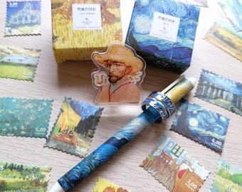 coffret cadeau unique van gogh, 6 articles inclus, stylos, ruban washi, autocollants, signet, fournitures de bureau