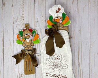 Complete Thanksgiving Kitchen Decor Set - Turkey Towel Topper, Coordinating Towel, and Spoon Holder - Ideal Hostess and Housewarming Gift.