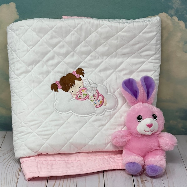 Heirloom Embroidered Baby Girl Quilt for the crib - Ideal Baby Shower Gift. Optional personalization with the baby's name and date of birth.