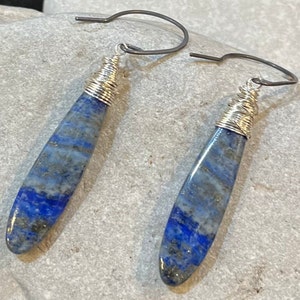 Lapis lazuli earrings, lapis earrings, wire wrapped lapis earrings, lapis dangles, wire wrapped stone earrings, Southwest style earrings
