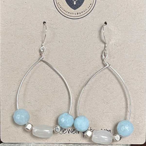 Blue dangling hoops, hoop earrings, gemstone earrings, Sundance style earrings, aquamarine earrings