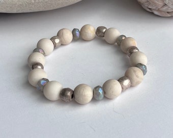 Beige and gray stretch bracelet, beige stone bracelet, boho cream bracelet, natural stone bracelet