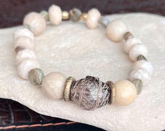 Handcrafted Gemstone Stretch Bracelet, Cream & Gray, Boho Chic Bracelet