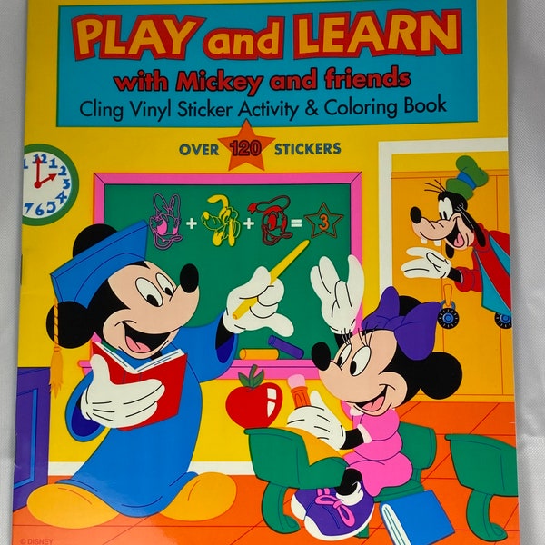 Sandylion 1996 Play and Learn with Mickey & Friends Cling Vinyl Sticker Activity and Coloring Book - BRAND NEW - slight flaw on back