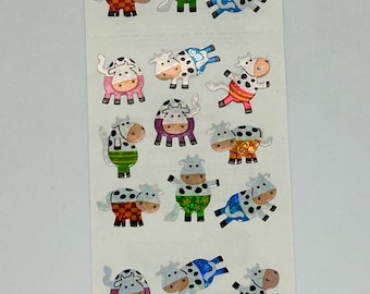 Sandylion GLITTERY Cows in Colorful Pants Stickers - 1 Strip - 3 Mods / Squares - slightly lighter backing - FREE US Shipping!