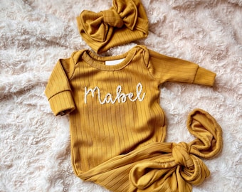 Personalized knotted gown, Gender neutral hospital outfit, Embroidered baby gift, Fall Newborn Gown with double knotted hat,Baby shower gift