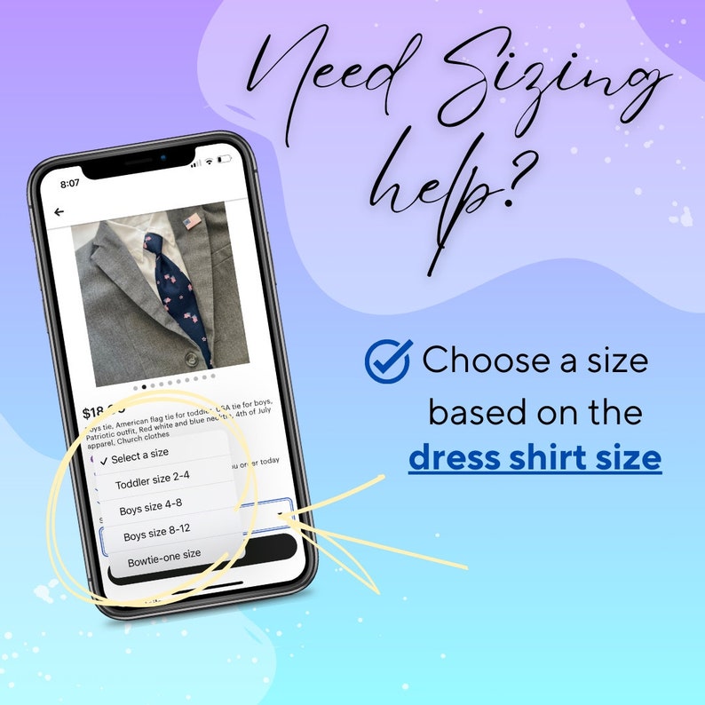 May include: A screenshot of a mobile phone screen showing a dress shirt with a bow tie. The screen also shows a list of sizes for the shirt, including toddler, boys, and bowtie-one size. The text on the screen says "Choose a size based on the dress shirt size".
