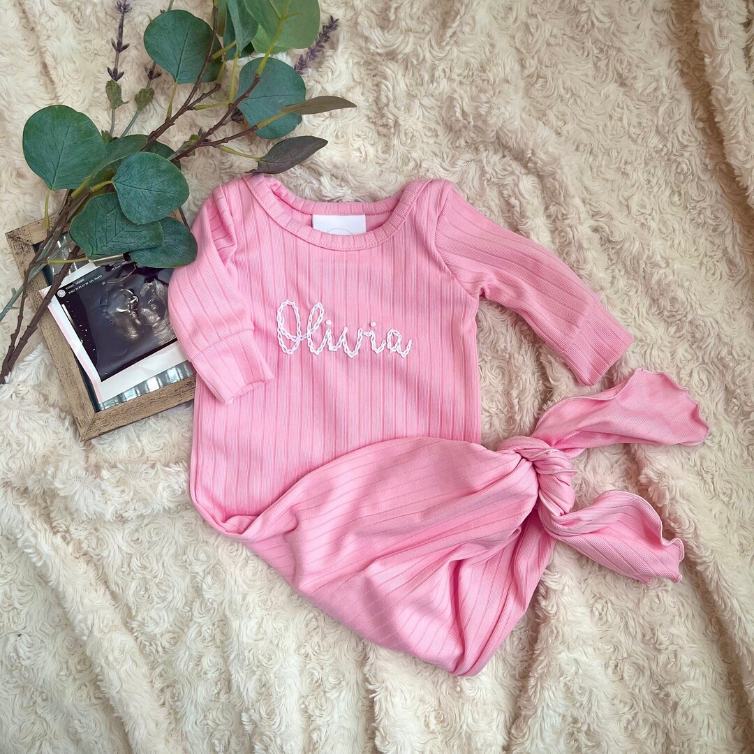 Personalized Knotted Gown, Baby Girl Hospital Outfit, Embroidered Baby ...