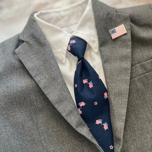 May include: A gray suit jacket with a white collared shirt and a dark blue tie with small American flag designs. A small American flag pin is on the lapel of the jacket.