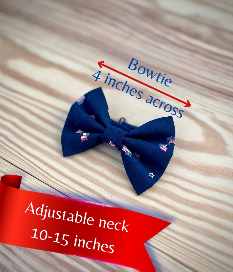May include: A navy blue bow tie with a white star and red, white, and blue American flag pattern. The bow tie measures 4 inches across and has an adjustable neck size of 10-15 inches.