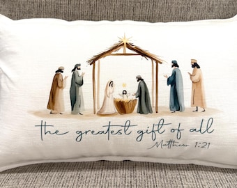 Nativity Scene Pillow | Christian Christmas Throw Pillow, Matthew 1:21