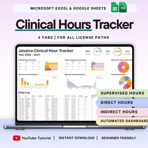 Hoja de cálculo para el seguimiento de horas clínicas Registro de supervisión Plantilla para trabajadores sociales Escuela de enfermería Licencia LCSW Hoja de cálculo de Google Seguimiento del tiempo de terapia