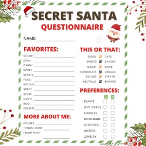 Secret Santa Questionnaire for Christmas Gift Exchange Printable, Secret Santa Form Survey, Secret Santa for Work, Holiday Party Invite