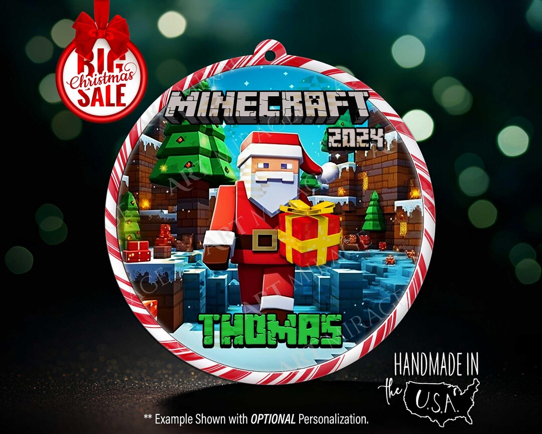 BLOCKY HOLIDAY Ornament Festive SANTA With Wrapped Present Unique