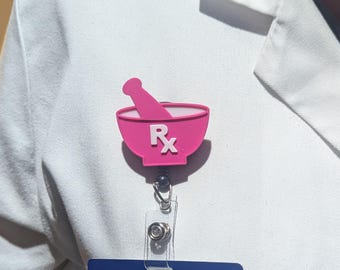 Pharmacy Mortar and Pestle Badge Reel, Pharmacist Gift, Tech, RPh, CPhT, PharmD, Intern, ID Holder, Medical, Rx, 3D Print, Retractable Badge