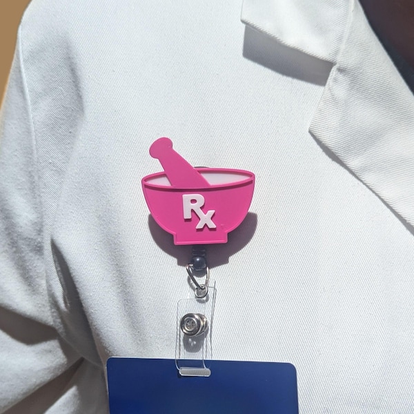 Pharmacy Mortar and Pestle Badge Reel, Pharmacist Gift, Tech, RPh, CPhT, PharmD, Intern, ID Holder, Medical, Rx, 3D Print, Retractable Badge