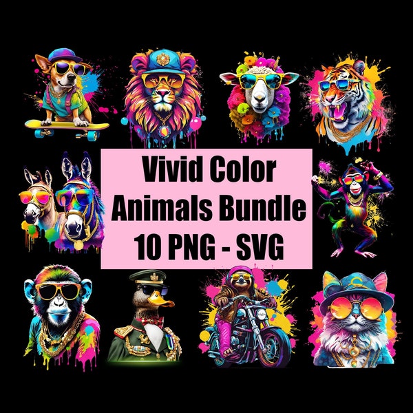 Vividly Color Animal Bundle - 10 Lively PNG & SVG Images in Striking Neon Colors for Creative Expression, Neon Colors Collection Files.