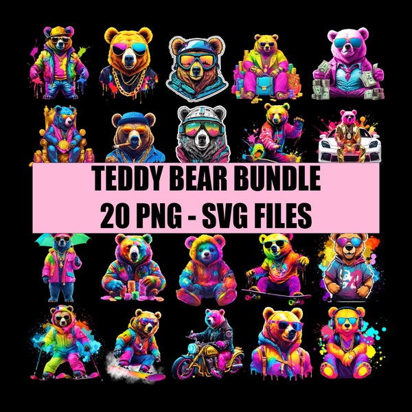 Teddy Bear Bundle: 20 Exclusive PNG & SVG Files - Bright, Bold, and Ready for Creative Projects, Vivid Color Teddy Bear Collection Files.