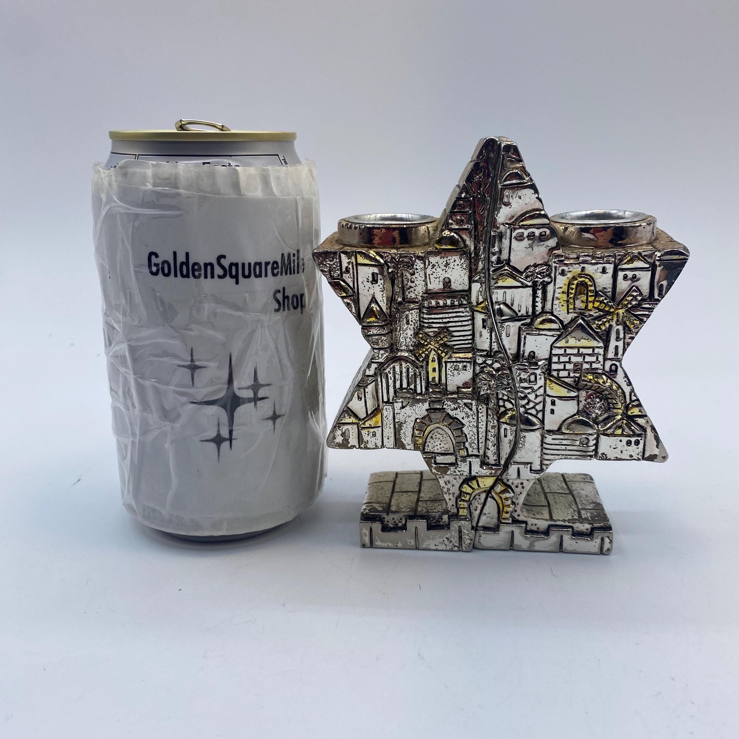 Pair of vintage Judaica Judaism cityscape Metal Candlesticks in