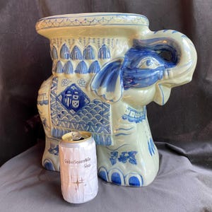 Large Vintage Boho Blue & celadon Ceramic Elephant Plant Stand Table garden stool Chinoiserie design