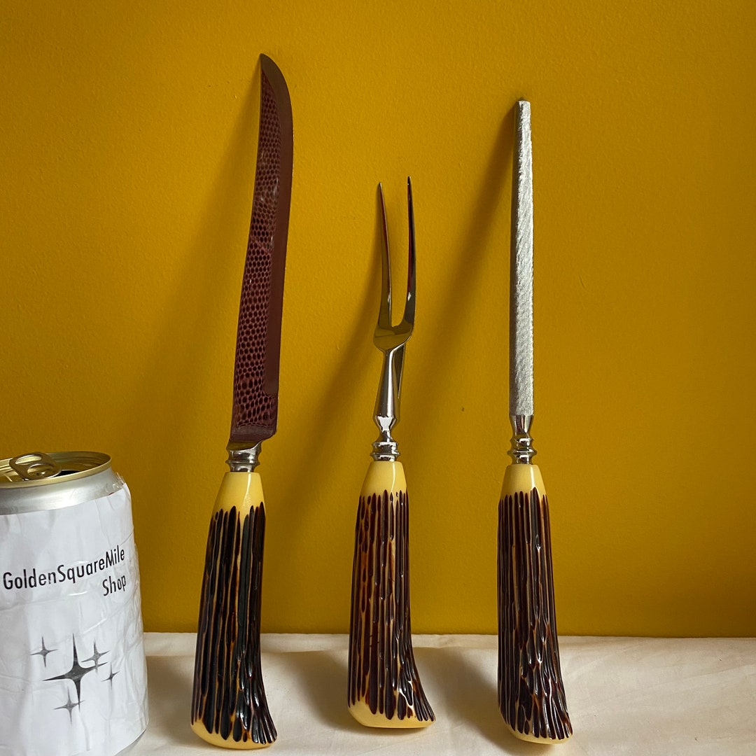Vintage King Karver Meat Carving Set With Faux Antler Bakelite Handles