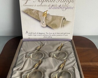 Vintage Joie de Vivre 8 EGGPLANT aubergine napkins holders SILVER & GOLD Tone  in box