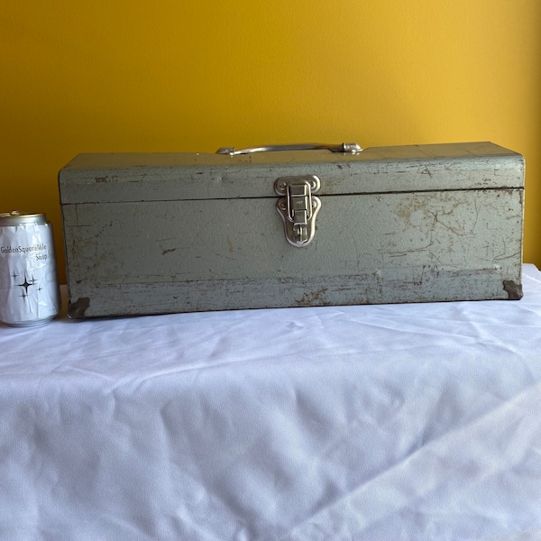 Large Vintage grey metal tool box with insert Cheney England written on clasp