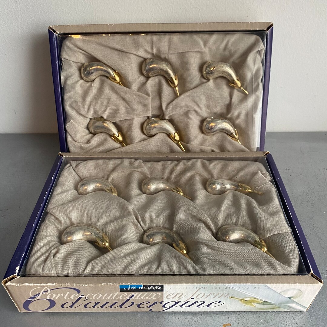 Vintage Joie De Vivre 12 EGGPLANT Aubergine Knife Rest SILVER & GOLD