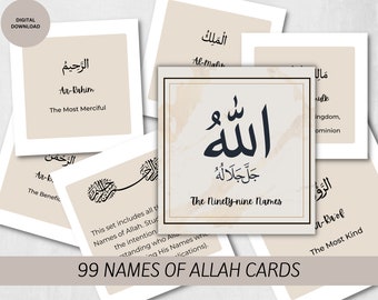 99 Names of Allah Cards - Asma-ul-Husna Islamic Flash Cards with Arabic text, English Transliteration and English Translation - Digital