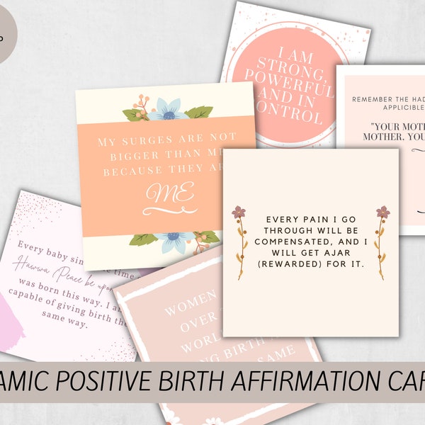 Islamic Positive Birth Affirmation Cards - 24 Printable Hypnobirthing Cards - Digital Instant Download - Positive Birth Cards- PDF Printable