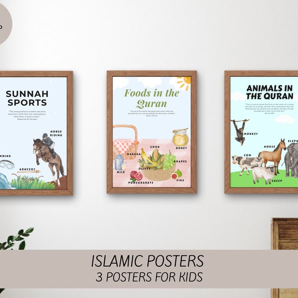 Set of 3 Muslim Posters BUNDLE - Animals in the Quran, Foods in the Quran, Sunnah Sports - Kids Islamic Wall Art Decorations - Digital Print