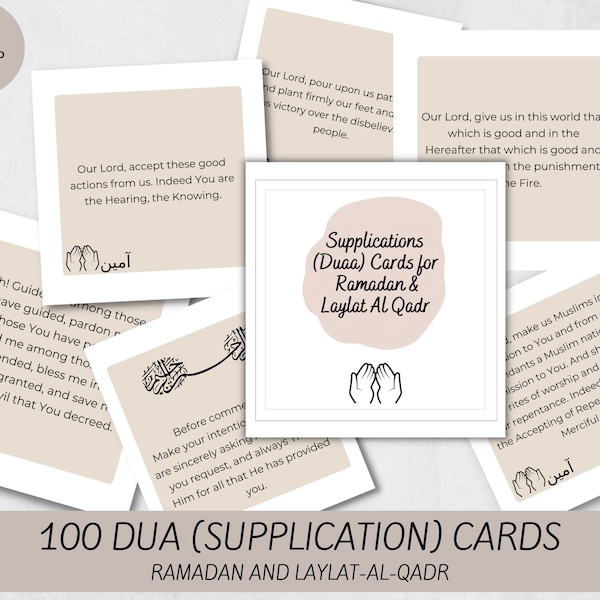 Islamic Dua Supplication Cards - 100 Printable Duaa Cards - Ramadan and Laylat Al Qadr Supplication Digital Instant Download - PDF Printable