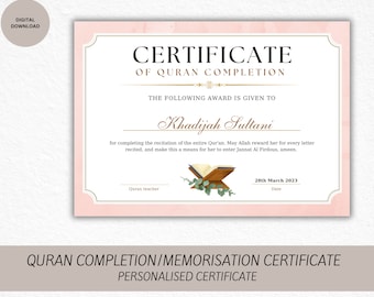 Personalised Muslim Hafiz/Hafizah Quran Memorisation Certificate for Children & Adults - Certificate for Quran School Teachers Digital Print