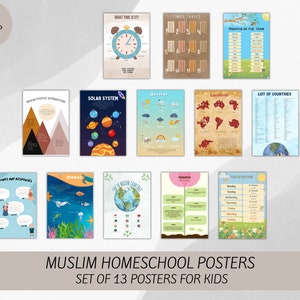 Muslimisches Schulposter - Set mit 13 Muslimischen Kinder Wandkunst - Islamische Klassenzimmer Dekoration - Grund- und Oberschüler - Digitaldruck