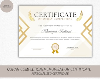 Personalised Muslim Hafiz/Hafizah Quran Memorisation Certificate for Children & Adults - Certificate for Quran School Teachers Digital Print
