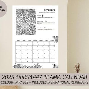 2025 1446/1447 Islamic Calendar with Gregorian and Hijri Dates- Colour in With Reminders and Positive Affirmation- Digital File - Minimalist