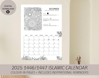 2025 1446/1447 Islamic Calendar with Gregorian and Hijri Dates- Colour in With Reminders and Positive Affirmation- Digital File - Minimalist