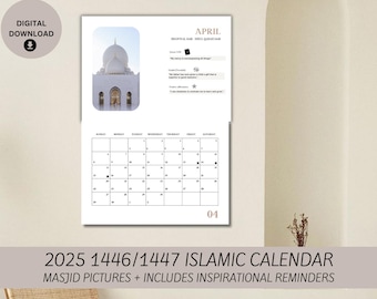 2025 1446/1447 Islamic Calendar with Gregorian and Hijri Dates- Masjid Pictures With Islamic Reminders & Positive Affirmations- Digital File