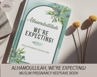 Alhamdullilah, estamos esperando! Livro de lembranças do diário de gravidez muçulmana com referências ao Alcorão e Hadith - 80 páginas - Impressão digital