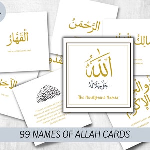 99 Names of Allah Cards - Asma-ul-Husna Cards Small Wall Art with Arabic text and English Translation Gold - Digital File