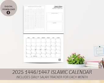 2025 1446/1447 Islamic Calendar with Gregorian and Hijri Dates- Minimalist Productive Muslim Calendar with Salah Tracker - Digital File