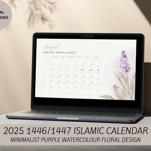2025 1446/1447 Islamic Calendar with Gregorian and Hijri Dates- Purple Lilac Watercolour Floral Monthly Calendar - Digital File - Minimalist