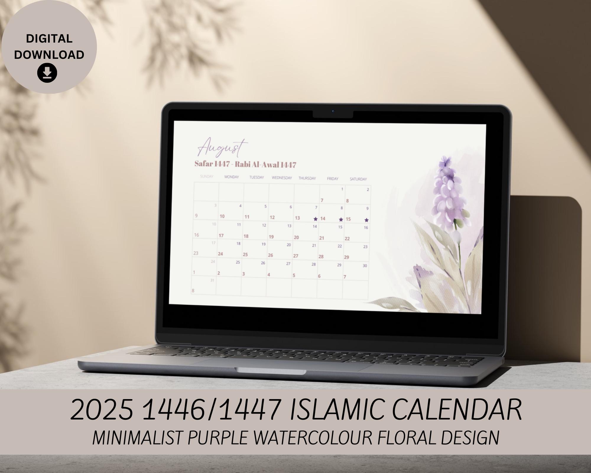 2025 1446/1447 Islamic Calendar with Gregorian and Hijri Dates- Purple Lilac Watercolour Floral Monthly Calendar - Digital File - Minimalist