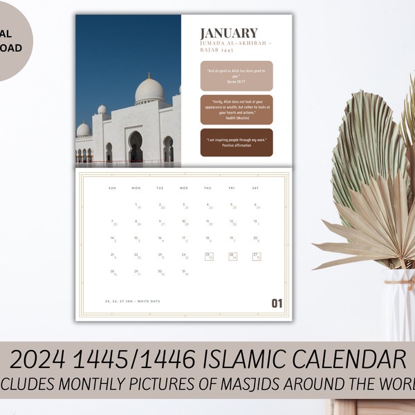 Calendrier islamique 2024 1445/1446 avec dates grégoriennes et hijri - Images Masjid - Avec rappels et affirmation positive - Fichier numérique